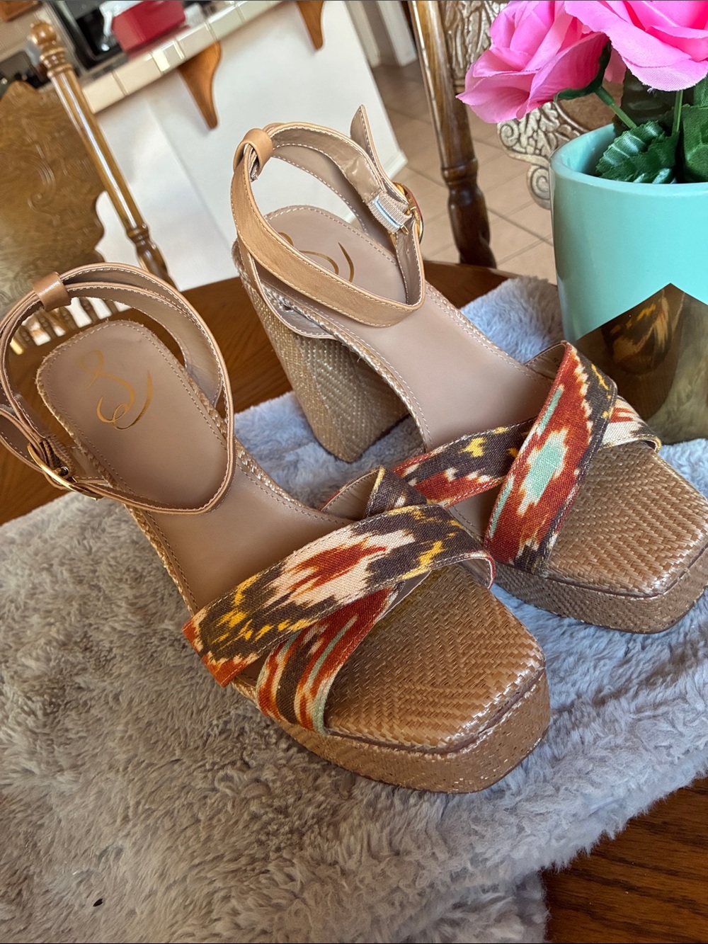Sam Edelman Tan Woven Platform Sandals with Multicolor Aztec Straps